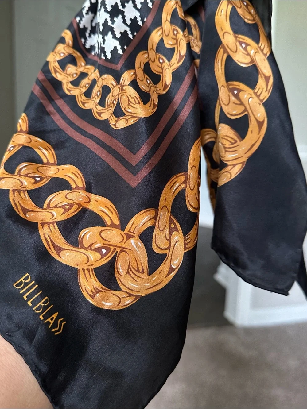Vintage bill blass Black & Gold Chain Print Silk Scarf with Houndstooth Accent